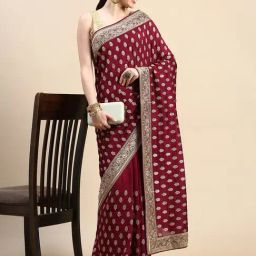Mohey Wine Embroidered Silk Saree With Blouse-picture-14