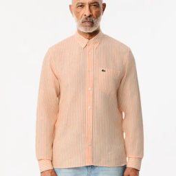Lacoste Peach Orange Linen Regular Fit Striped Shirt-picture-2