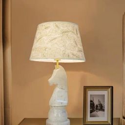 FOS LIGHTING Statuario Marble Chess Knight Table Lamp with Embroidered Drum Shade-10