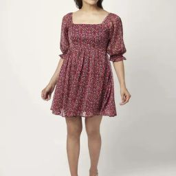 People by Pantaloons Maroon Floral Print A-Line Dress-picture-44