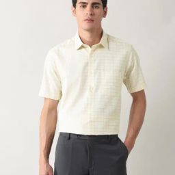Arrow Yellow Cotton Regular Fit Checks Shirt-image-21