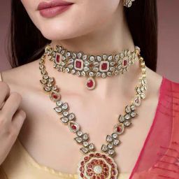 NVR Red & Gold Kundan Studded Jewellery Choker & Long Necklace Set with Earrings - Set of 2-13