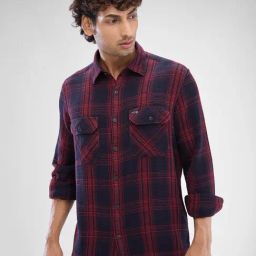 Spykar Red Slim Fit Checks Shirt-37