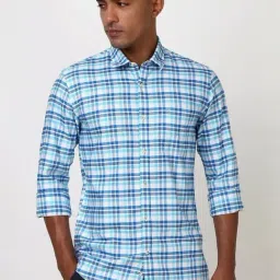Peter England Blue Cotton Slim Fit Checks Shirt-picture-23