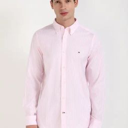 Tommy Hilfiger Classic Pink Cotton Slim Fit Striped Shirt-image-61