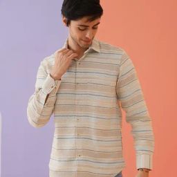 Indian Needle Cream Cotton Regular fit Striped Shirt-image-45