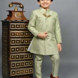 Ahhaaaa Kids Green Embellished Full Sleeves Sherwani Set-image-61