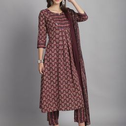 Rajnandini Floral Printed Notch Neck A-Line Kurta with Trouser & Dupatta image 2