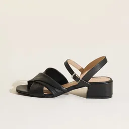 Peach Flores Leather Block Sandals with Buckles image 5