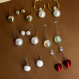 PRIVIU Set Of 6 Gold-Plated Pearls Beaded Circular Half Hoop Earrings-9