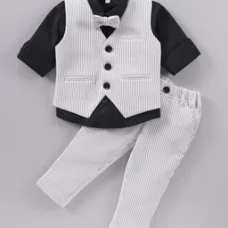 Mark & Mia Woven Full Sleeves Solid Shirt & Trouser Set With Waistcoat & Bow - White & Black-picture-5
