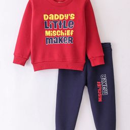 Bodycare Cotton Fleece Knit Full Sleeves Winter Wear Suit Text Print - Red & Navy Blue-image-80