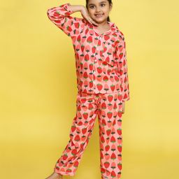 Knitting Doodles Pure Cotton Poplin Full Sleeves All Over Strawberries Printed Coordinating Night Suit - Pink-image-99