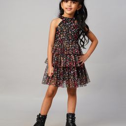 Lil' Drama Sleeveless Halter Neck Floral Printed Tulle Layered Dress - Black-image-6