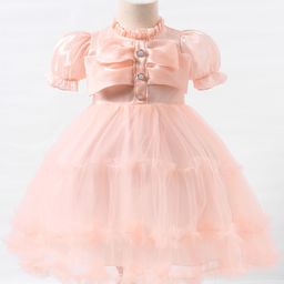 Kookie Kids Puffed Half  Sleeves Party Frock with Frill & Button Detailing - Pink-image-20
