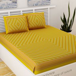 UniqChoice 100 Percent Cotton Jaipuri Traditonal Double BedSheet With 2 Pillow Cover - Yellow-26