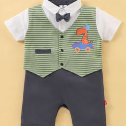 Mini Taurus Cotton Knit  Half Sleeves Romper with Attached Waist Coat Striped & Dino Print - Green-image-19