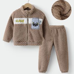 Kookie Kids Full Sleeves Front Zipper Winter Wear Suit With Shark Applique - Brown-image-20