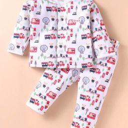 ToffyHouse 100% Cotton Knit Full Sleeves Night Suit with Vehicles Print - White-image-43