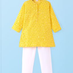 Babyhug Woven Full Sleeves Kurta Pyjama Set with Floral Sequin Embroidery - Yellow-image-25