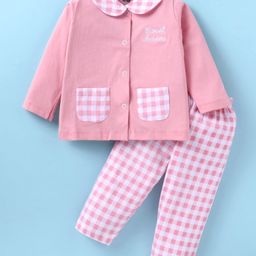 Evimo Single Jersey Knit Full Sleeves Night Suit With Checks & Text Embroidery - Pink-image-99