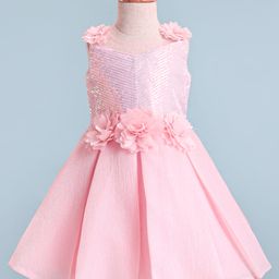 Enfance Sleeveless Sequin Embellished Floral Applique Pleated Dress - Peach-image-71