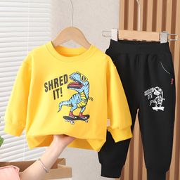 Googo Gaaga Cotton Full Sleeves Dinosaur & Text Printed Sweatshirt With Joggers Set - Yellow & Black-image-44