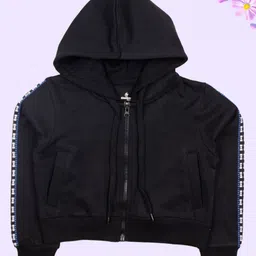 Kiddopanti Fleece Full Sleeves Front Zip Opening Crop Length Hooded Sweatshirt - Black-picture-26