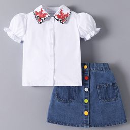 Mark & Mia Cotton Puffed Sleeves Top & Skirt with Embroidered Collar- White-image-45