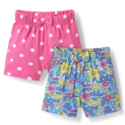 Babyhug Cotton Knit Mid Thigh Floral & Polka Dots Printed Shorts with Bow Applique Pack of 2 - Blue & Pink-picture-9
