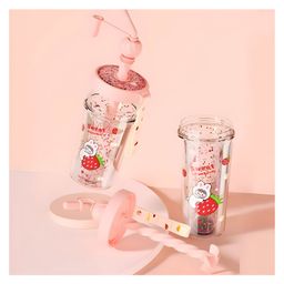 SCHOOLISH Glitter Water Bottle Tumbler Sipper Cup, Freefalling Design, Reuseable Plastic Cup with Lid and Straw - 400 ml- Pack of 1- Color May Vary-image-34