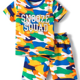 Babyhug Cotton Knit Half Sleeves Co-ords Short Night Suit with Camouflage & Text Print - White-image-87