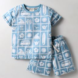 Ollypop Sinker Knit Half Sleeves T-Shirt and Shorts Set With Beach Theme Print - Light Blue-image-91
