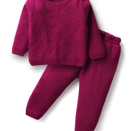 Babyhug Knit Full Sleeves Sweater Set With Square Design - Wine-image-76