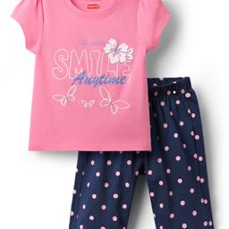 Babyhug Cotton Knit Half Sleeves Capri Set With Polka Dots & Floral Print - Pink & Navy Blue-image-23
