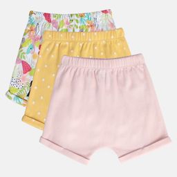 MINI KLUB Cotton Pack Of 3 Solid & Jungle Theme Printed Shorts - Pink Yellow & White-image-18