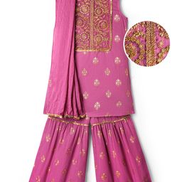 EARTHY TOUCH Cambric Woven Sleeveless Kurta Gharara Set with Dupatta Embroidery & Sequin Detailing - Purple-image-93
