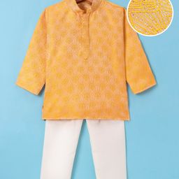 Ridokidz Full Sleeves Floral Embroidered & Foil Printed Kurta & Pyjama Set - Mustard-image-7