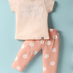 Teddy Sinker Knit Half Sleeves Night Suit with Floral & Text Print - Peach-image-71