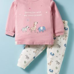 Ollypop Interlock Knit Full Sleeves T-Shirt & Lounge Pant Set With Animal Print - Light Red-picture-6