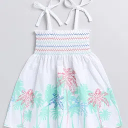 Snuggly MONKEY Single Jersey Knit Sleeveless Palm Trees Printed Smock Detailed Noodle Strap Dress - White-picture-7