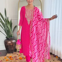 KALINI Floral Embroidered Zari Straight Kurta With Trouser And Dupatta-image-76