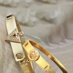 ZENEME Set Of 2 Cubic Zirconia Gold-Plated Kada Bracelet-image-28