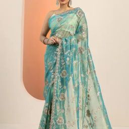 Libas Blue Embroidered Saree With Unstitched Blouse-picture-29