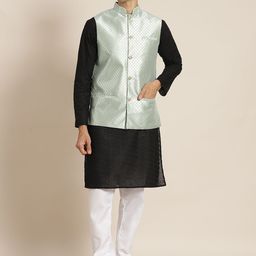 SOJANYA Men Black Ethnic Motifs Chikankari Pure Cotton Kurta with Churidar & Nehru Jacket-picture-37