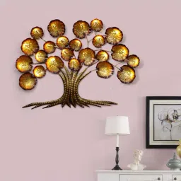 eCraftIndia Golden Beautiful Leaves Tree Handcrafted Iron Wall Hanging with background LED's-image-52