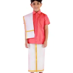 VASTRAMAY Kids Red & White Shirt Mundu Set-picture-22