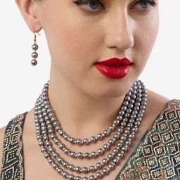 Zaveri Pearls Grey Multilayer Beaded Fusion Wear Necklace & Earrings Set-image-75