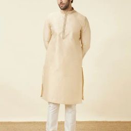 Manyavar Beige & Cream Regular Fit Self Design Kurta & Pyjamas Set-image-10