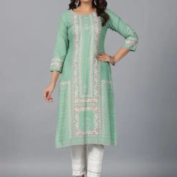 Juniper Sage Green Floral Printed Rayon Straight Kurta With Beads-picture-11
